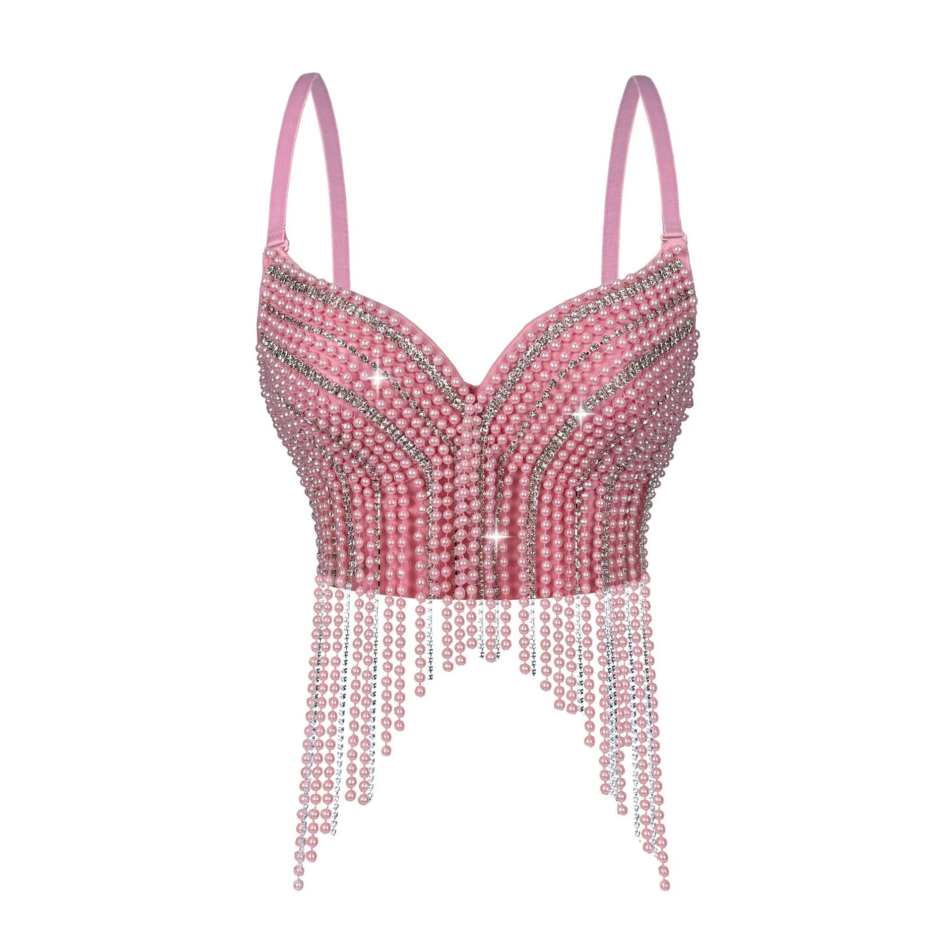 

customized women's adult pearl diamond chain tassel camisole top sexy outerwear vest bra stage performance suit fishbone corset