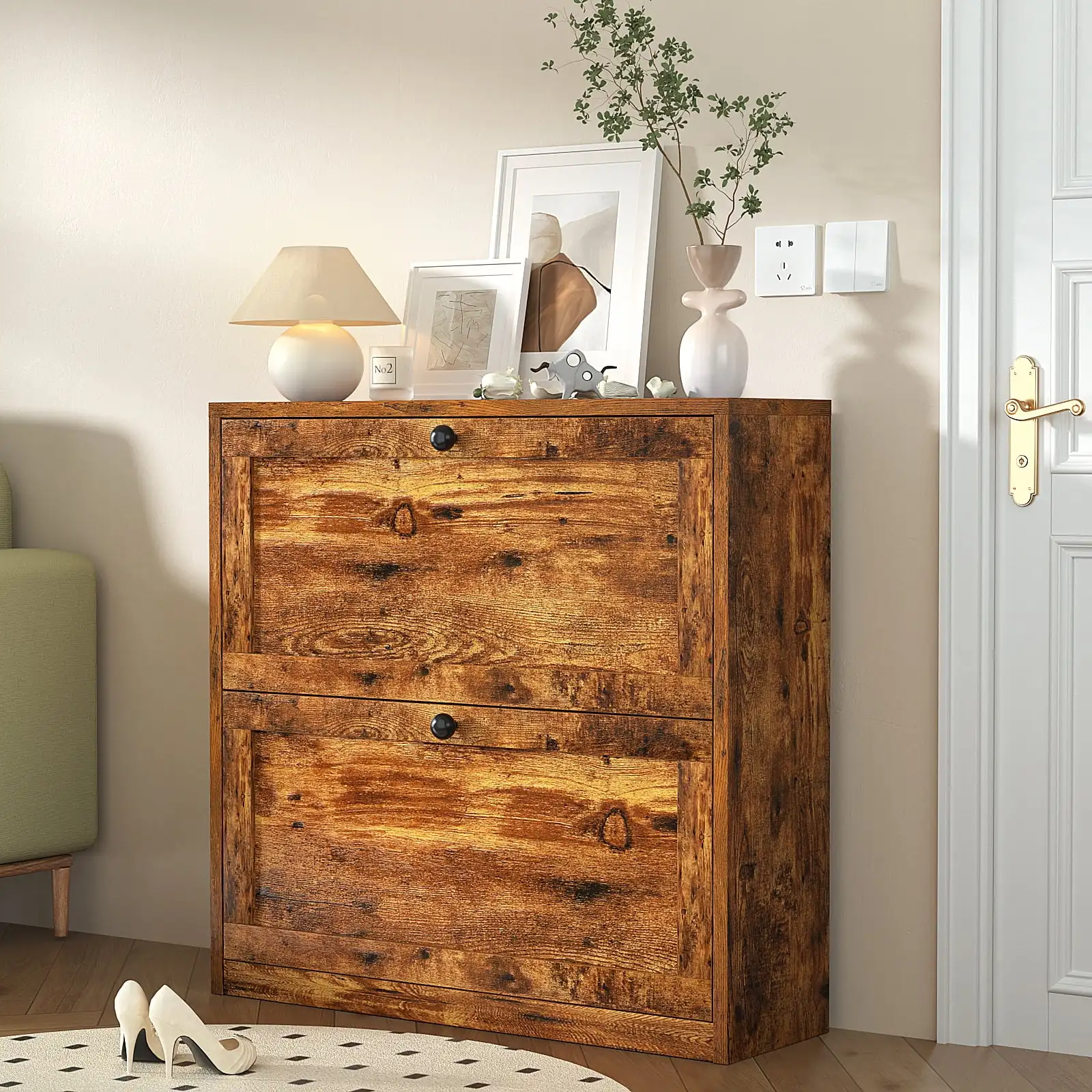 

Shoe Cabinet for Narrow Entryway Shoe Rack Flip Down Wood 2 Tier for Home and Apartment Antique Colour