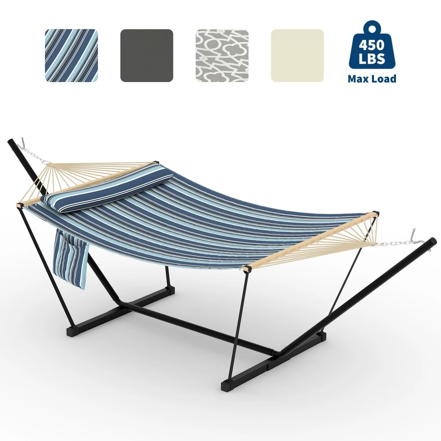 2 Person Outdoor Hammock with Steel Stand & Wooden Spreader Bar - Heavy Duty Double Hammock - Soft Pillow & Balance Ropes - 450 lbs Capacity - Perfect for Patio, Garden, Backyard, Beach