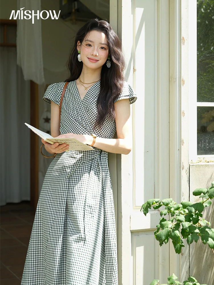 

MISHOW Women's Fashion V-neck Dress 2025 Summer Office Lady Plaid Waist Cinched Sashes Short Sleeve Female Dresses MXE39L2410