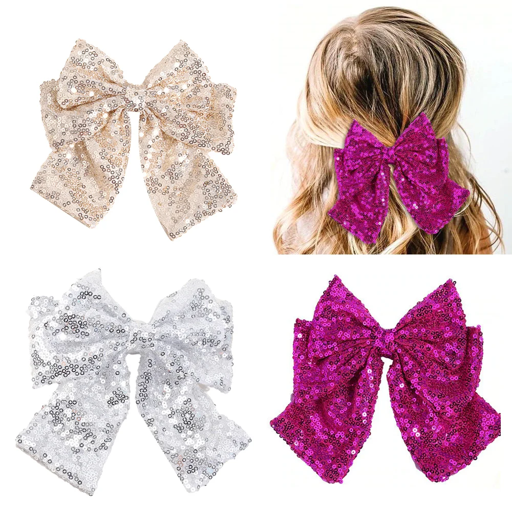 Glitter Sequin Bow Hair Clips for Girls Double Layer Large Bows Hairpins Spring Clip Back Head Hairpin Fashion Hair Accessories