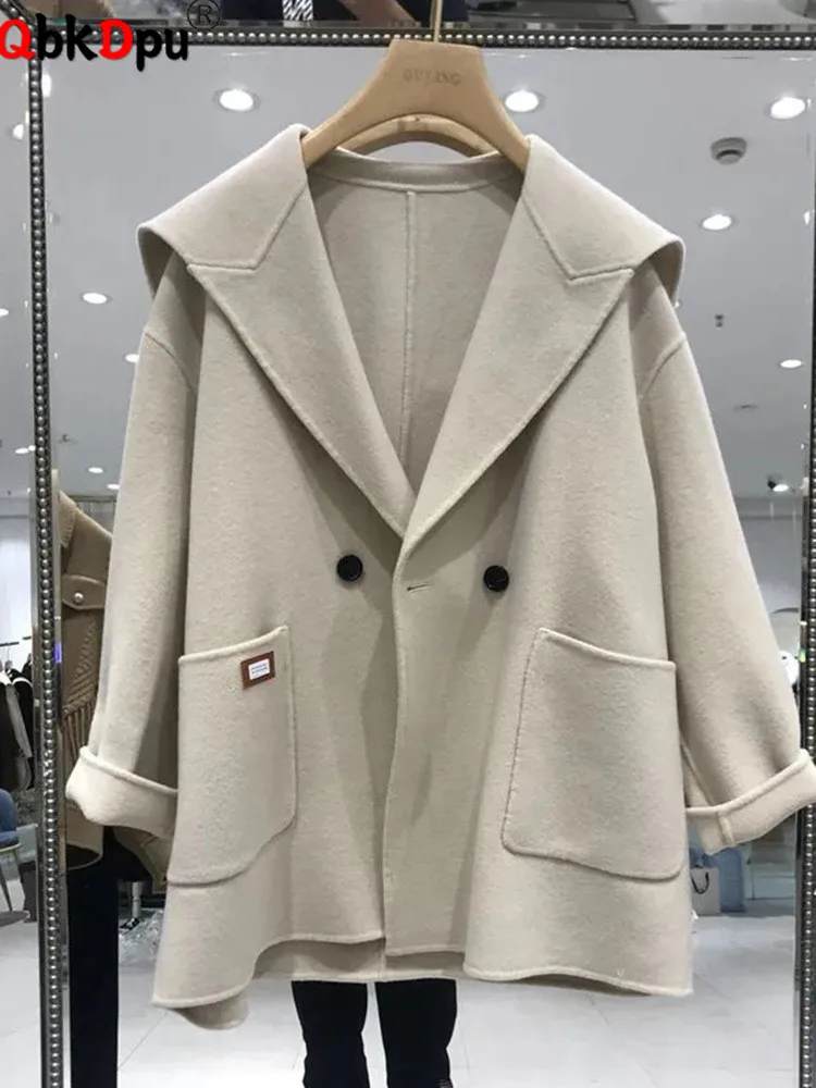 Casual Warm Mid Length Woolen Coat Fall Winter Loose Design Women Wool Blend Casaco Overcoat Thick Oversize Lapel Abrigo Mujer