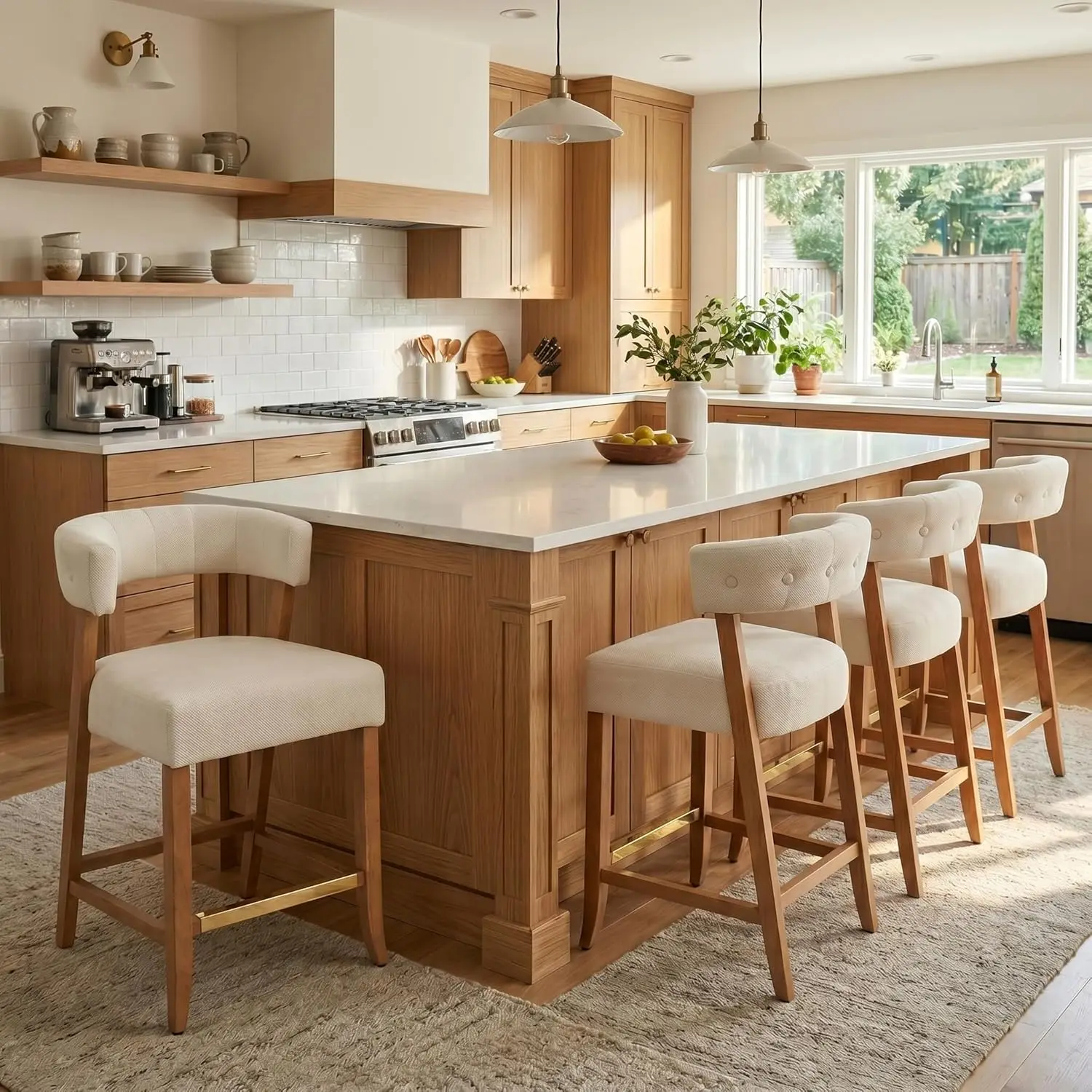 

27" H Barrel Counter Height Bar Stools Set 4 Velvet Upholstered Wood Legs Modern Kitchen Island Dining Room Beige Customized