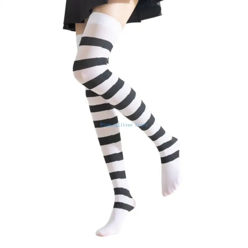 652B Women Japanese Striped Thigh High Stockings Anime Girl Cats Claw Print Over Knee Long Socks Cosplay Costume Hosiery