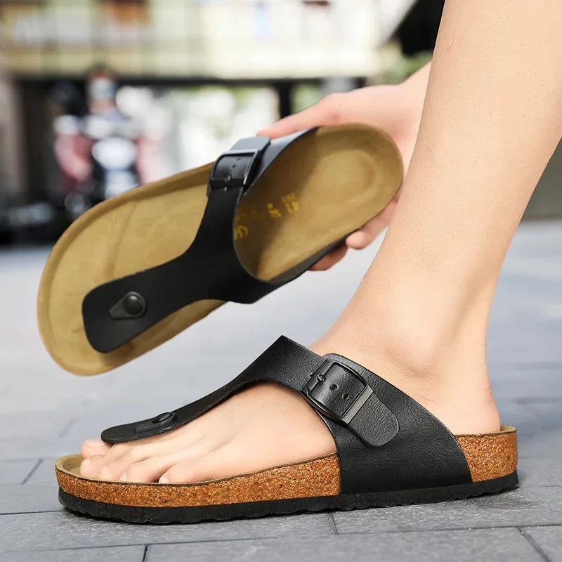 2023 New Men Genuine Leather Couple Style Cork High Quality Soft Cork Slides Footwear for Men Women Unisex 36-46 Cork Flip Flops