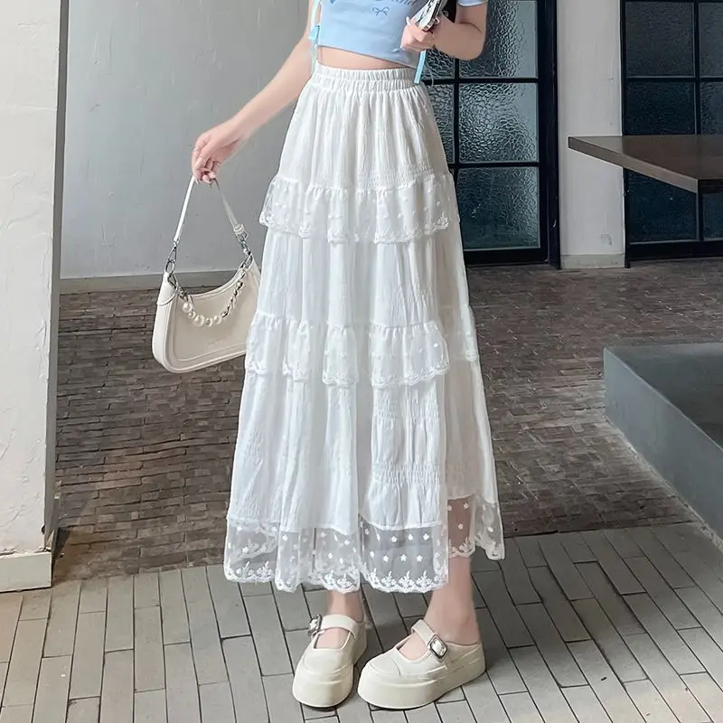 Sweet And Fresh Lace Midi Skirt Women Spring Summer High Waist Flowy A Line Ruffle Maxi Skirt Female