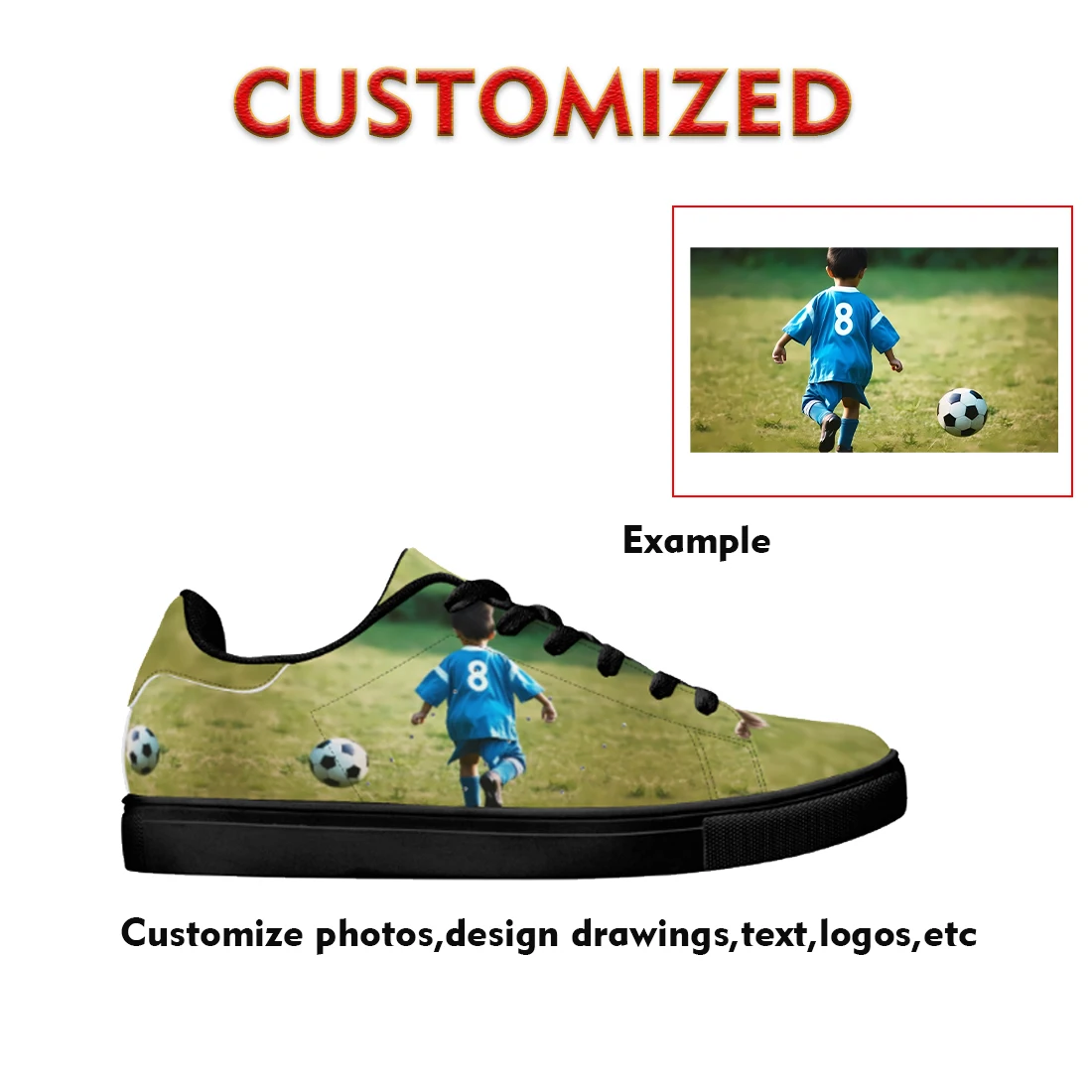 

Настраиваемые изображения текстовые логотипы Черные повседневные кроссовки. Подходит для пар, друзей, мероприятий и корпоративной настройки.