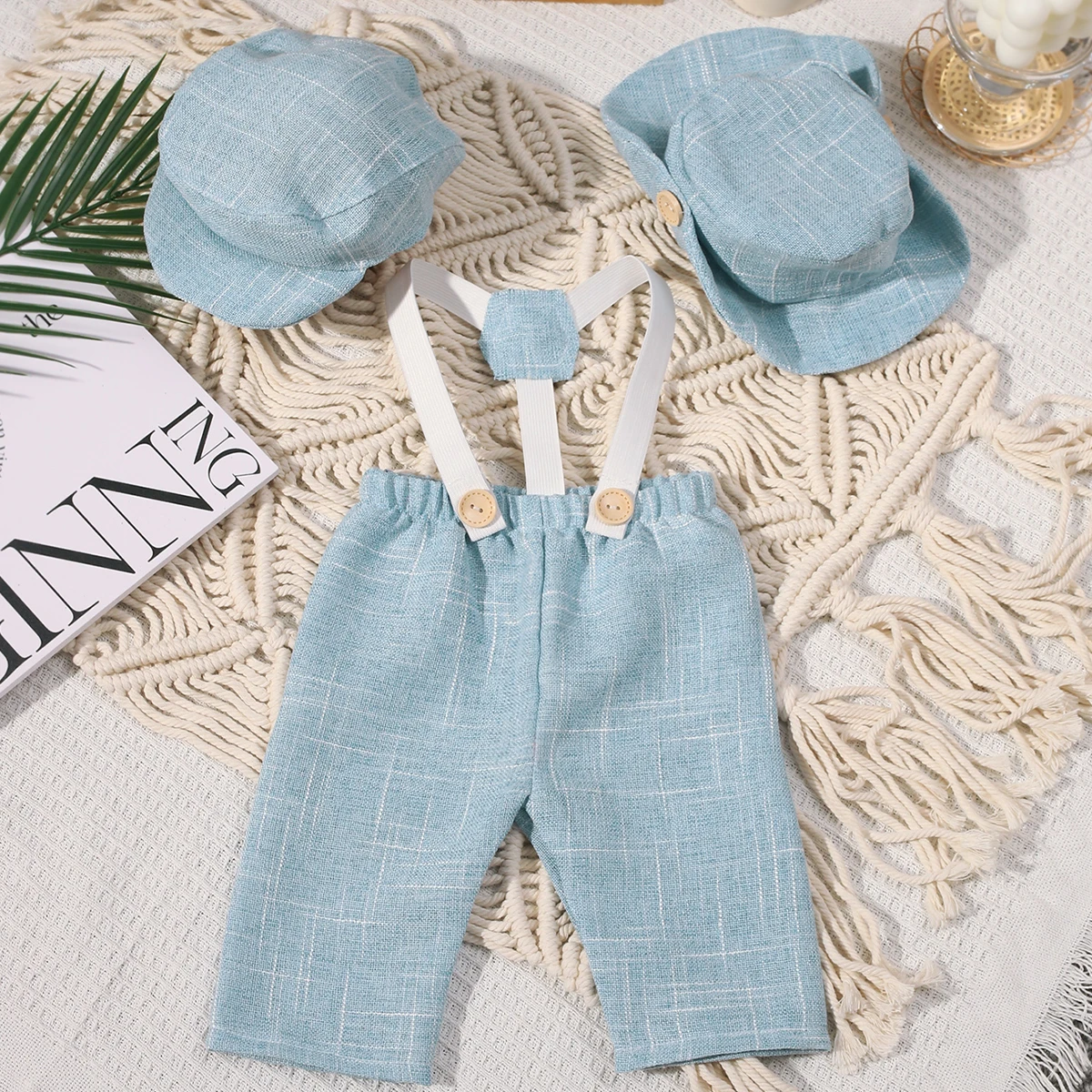 3 Pieces Newborn Boy Photography Outfits Little Gentleman Overalls Blue Suspender Pants with Matching Cowboy Hat