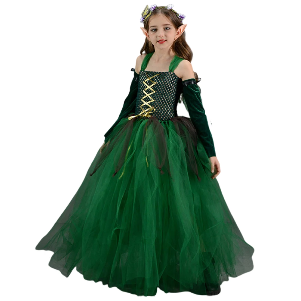 Kids Girls Forest Elf Cosplay Tutu Green Dress Costume Role Play Dance Skirts Stage Performence Elf Ear Outfits Halloween Suit