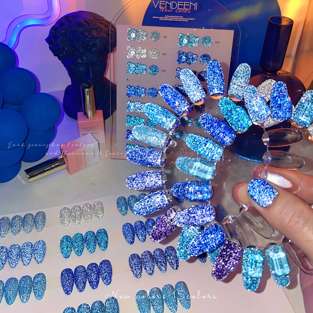 

Набор гель-лаков Vendeeni, 15 цветов, с блестками и эффектом битого стекла, УФ/LED, чисто-синий лак для ногтей с цветовой палитрой, без TPO/HEMA