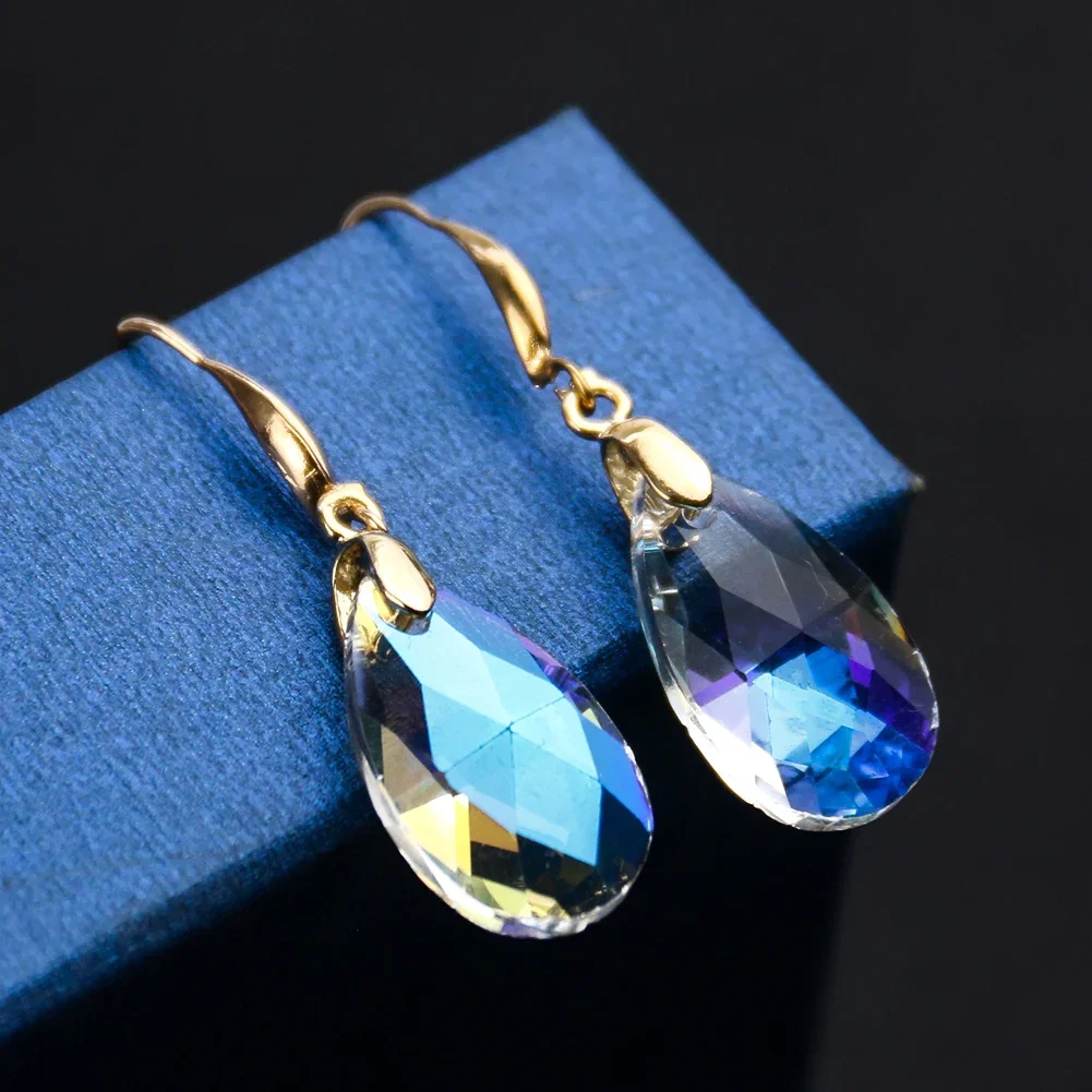 A Pair Flame Polished AB Colour Angel Tears Water Drop Glass Crystal Prism Earrings Aurora Women Dangle Earrings Radiant Jewelry