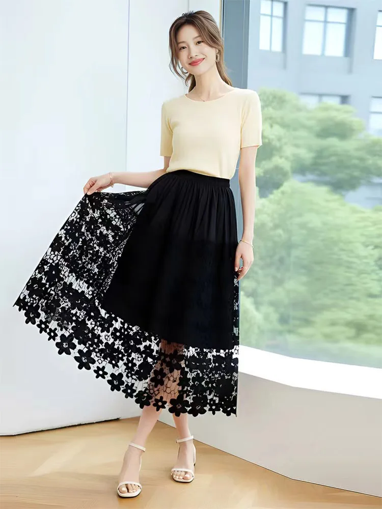 

Женская многоярусная юбка-полусолнце 2026 с ажурным цветочным узором, средней длины, с высокой талией, А-силуэта, с эффектом драпировки, расклешенная, в форме зонта