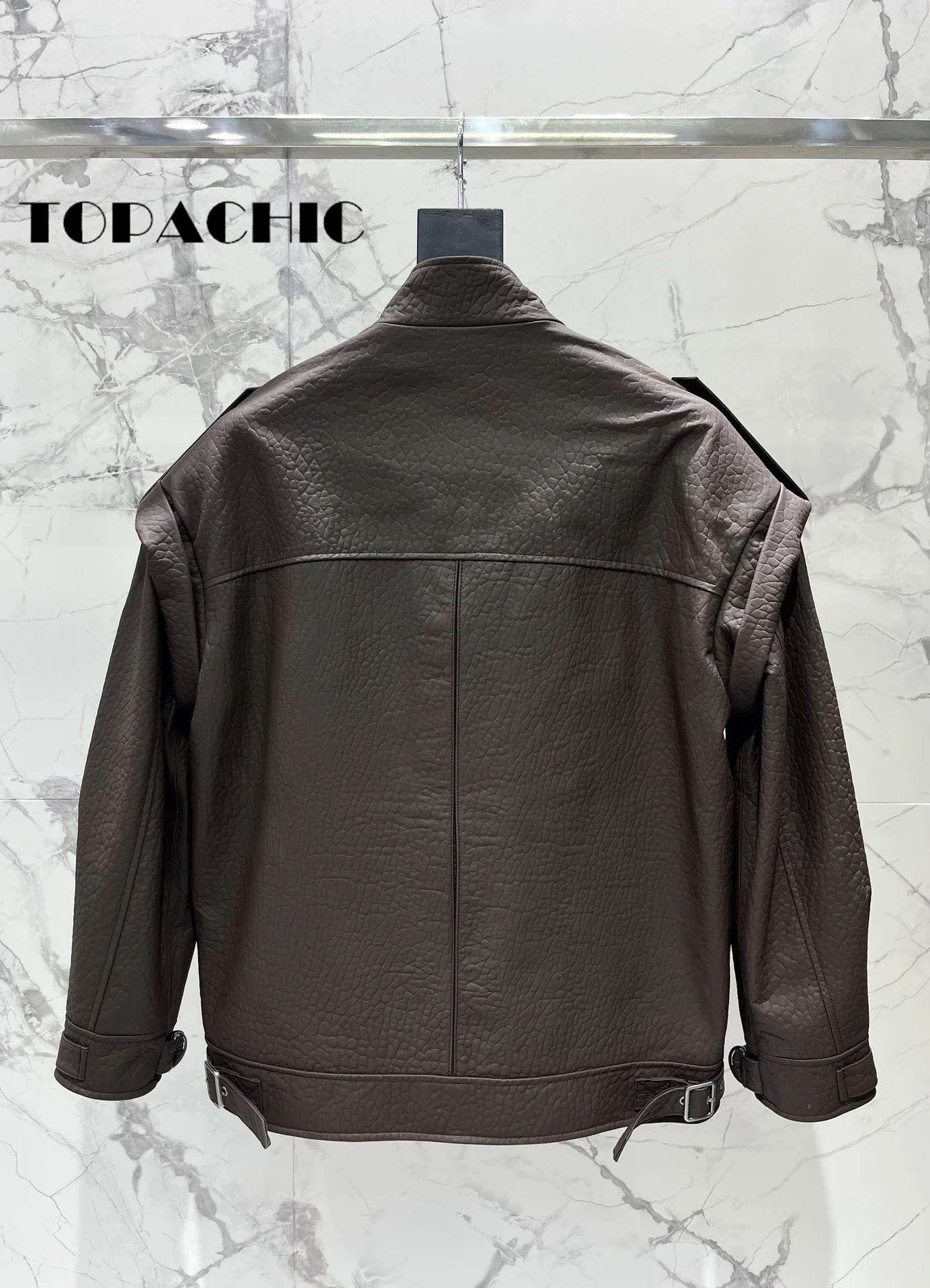 8.6 TOPACHIC Women Street Fashion Vintage Real Leather Jacket Men Women Same Epaulet Big Pocket Design Sheepskin Loose Coat