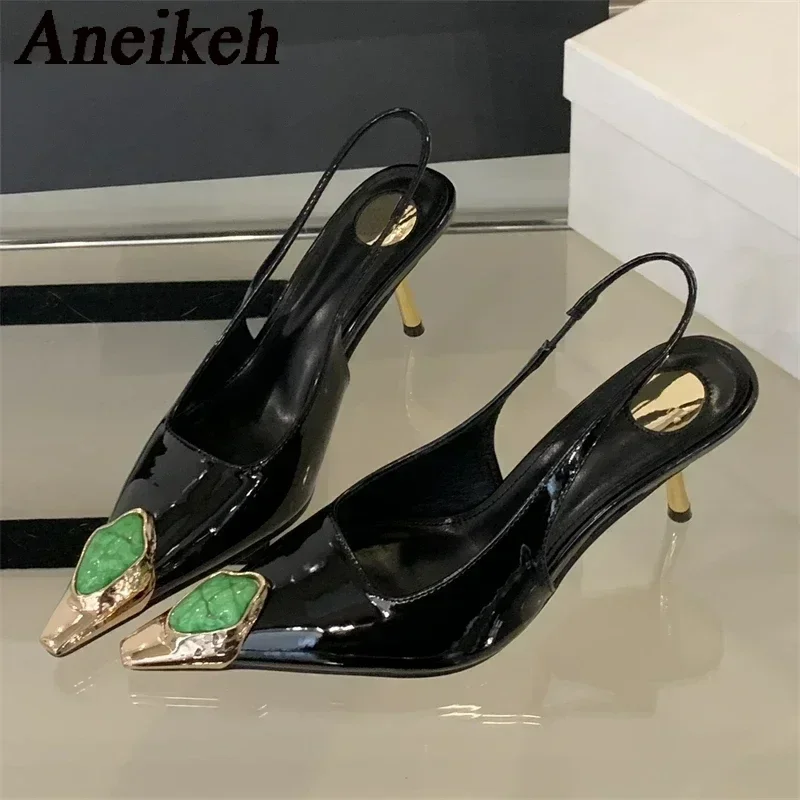 Aneikeh Autumn High Heels Gemstone Metal Toe Patent Leather Black Women Pumps Sexy Small Square Toe Lady Singles Banquet Shoes