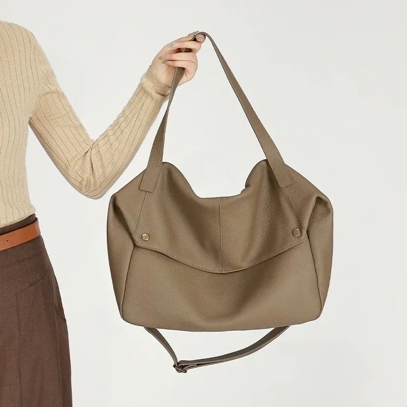 

Women's Genuine Cowhide Leather Large Slouchy Tote Bag Pebbled Leather Foldable Shoulder Crossbody Bag Casual Leather Yoga Bag
