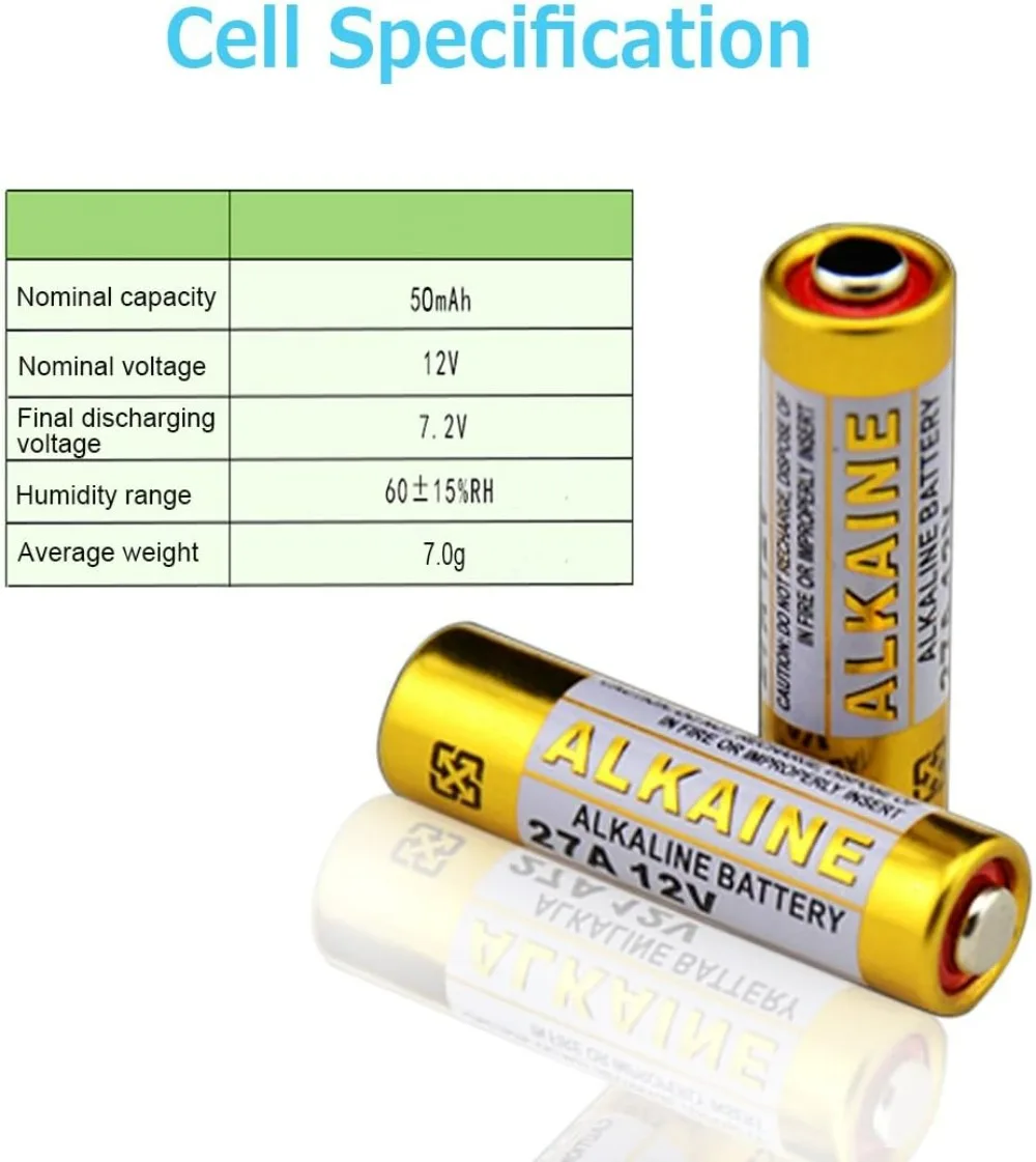 2-100 Stück 27A 12V Alkaline A27 27AE MN27 L828 V27GA 22mAh 8x28,2mm für Türklingel, Autoalarm, Schlüsselanhänger, Garagentor-Fernbedienung – Detail 4