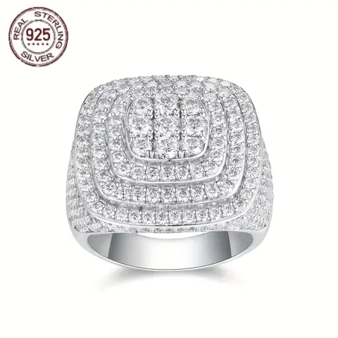 925 Sterling Silver Rings For Men Luxury Multilayer Zircon Baguette Iced Out Hip Hop Ring Personalized Square Trendy Jewelry