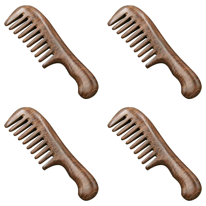 AGOUP 4X Sandalwood Wide Tooth Comb Curly Hair Portable Coarse Tooth Wooden Comb Hair Massage Tool Coarse