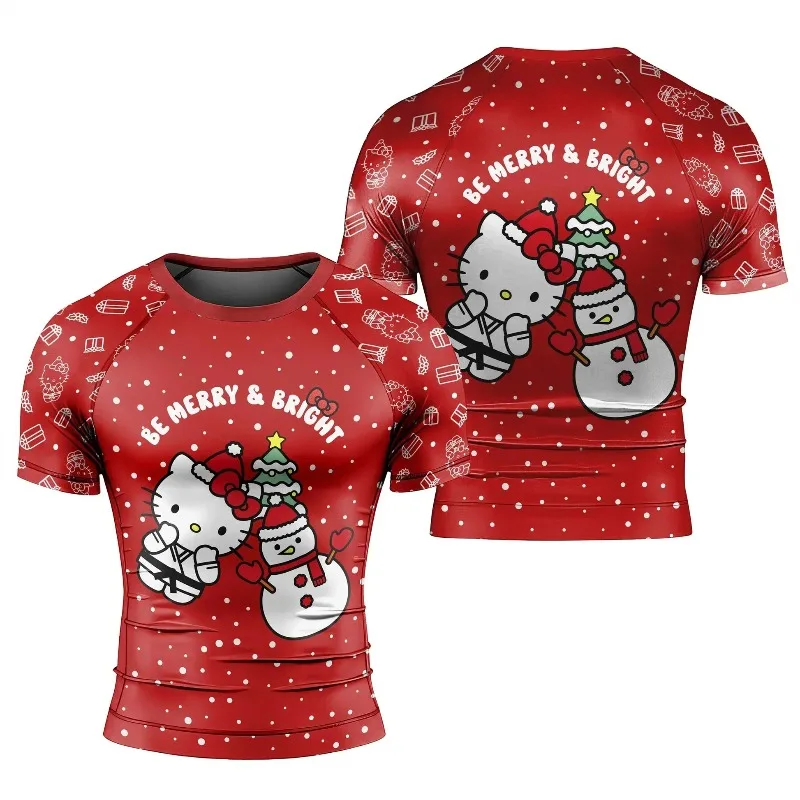 Sanrio Hello Kitty Christmas Red Rash Guard Men Women Short Sleeve BJJ MMA Compression Shirt Quick Dry Gym