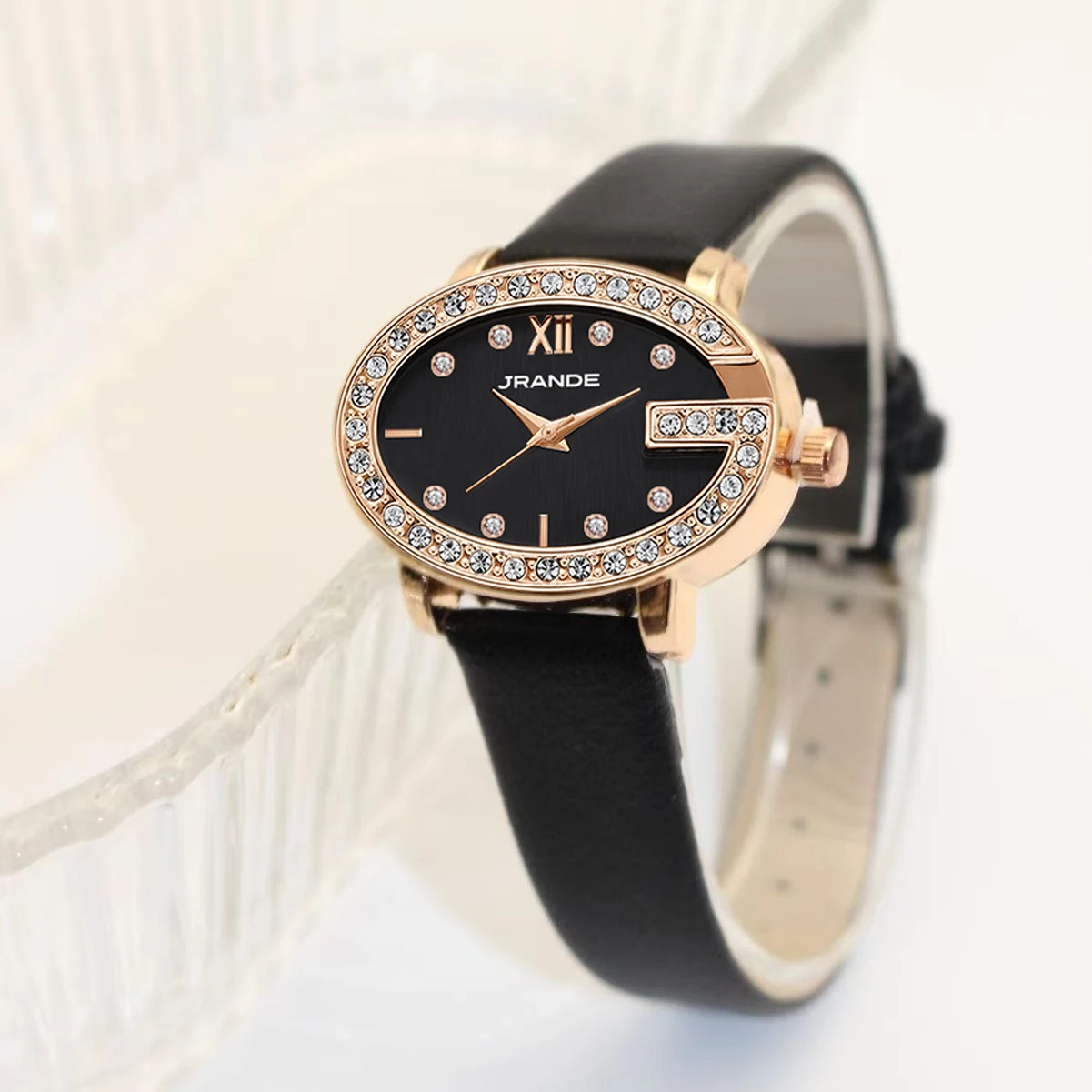 Fashion Women Watches Black Leather Waterproof Casual Hand Clock  Women wristwatch with rhinestones Elegant Female  watch brown