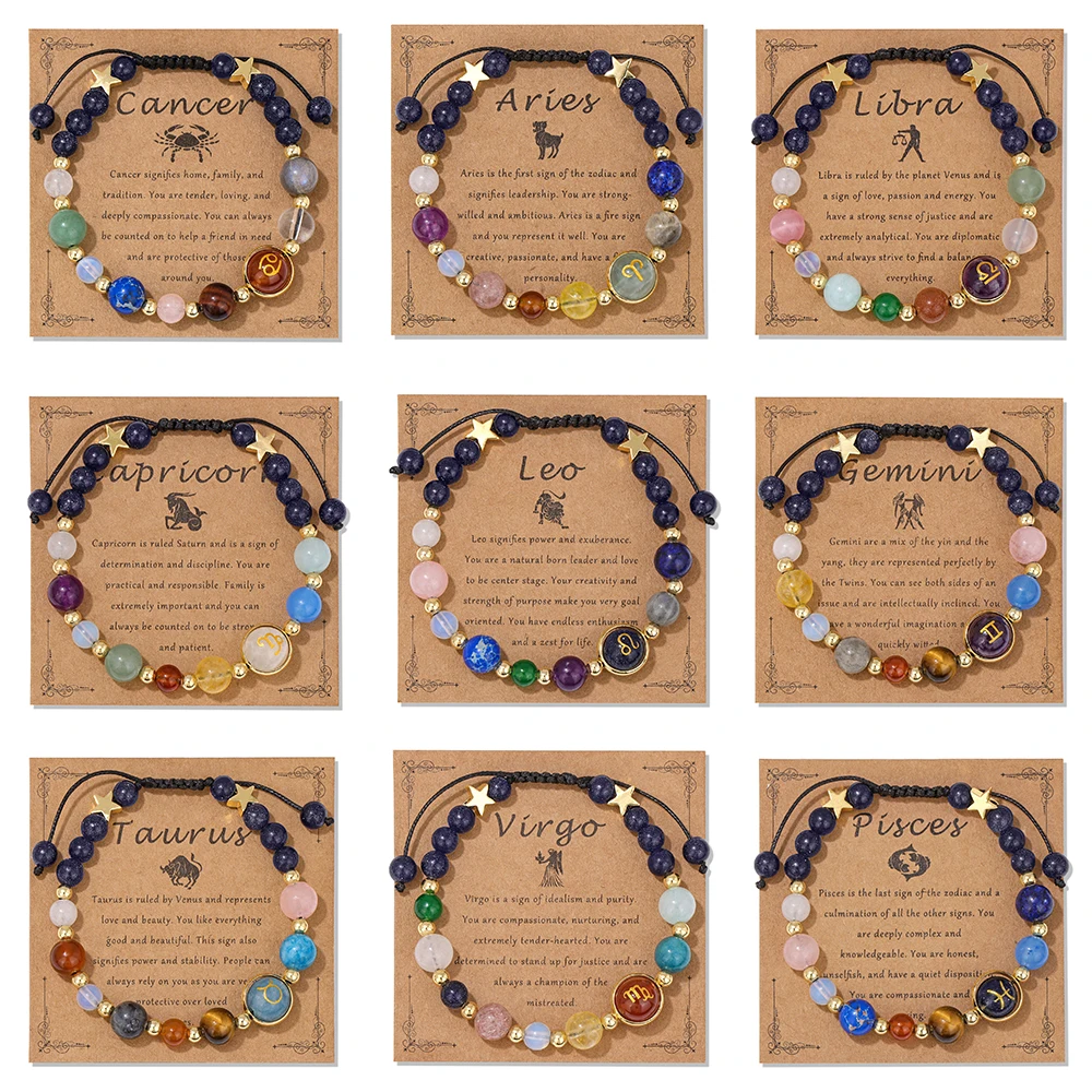 Pulsera de 12 signos de constelación con tarjeta del zodiaco, pulsera de cuerda ajustable de piedra Natural para mujeres y hombres, regalo de cumpleaños