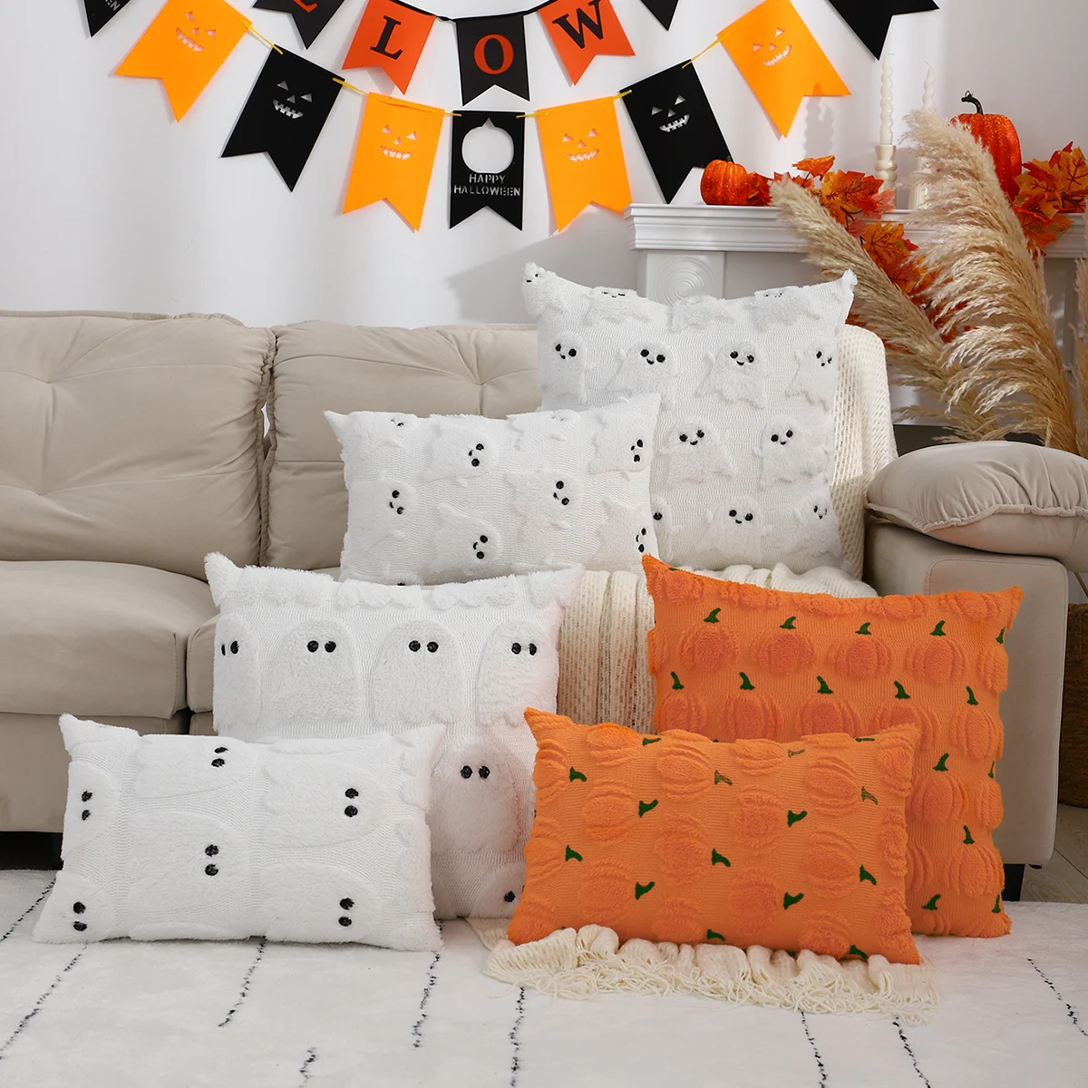 1-teilige Halloween-Strick-Kissen bezüge, traditioneller Stil, 100% Polyester, nur Handwäsche, geometrische Geister-und Kürbis stickerei