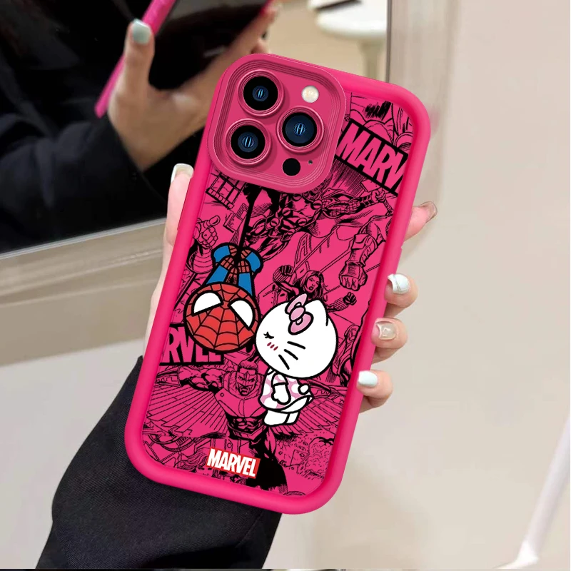 Spider Man Cute Hello Kitty Silicone Phone Case for iPhone 16 15 14 13 Pro Max 12 11 X XS XR 7 8 Plus SE Cartoon Couple Cover