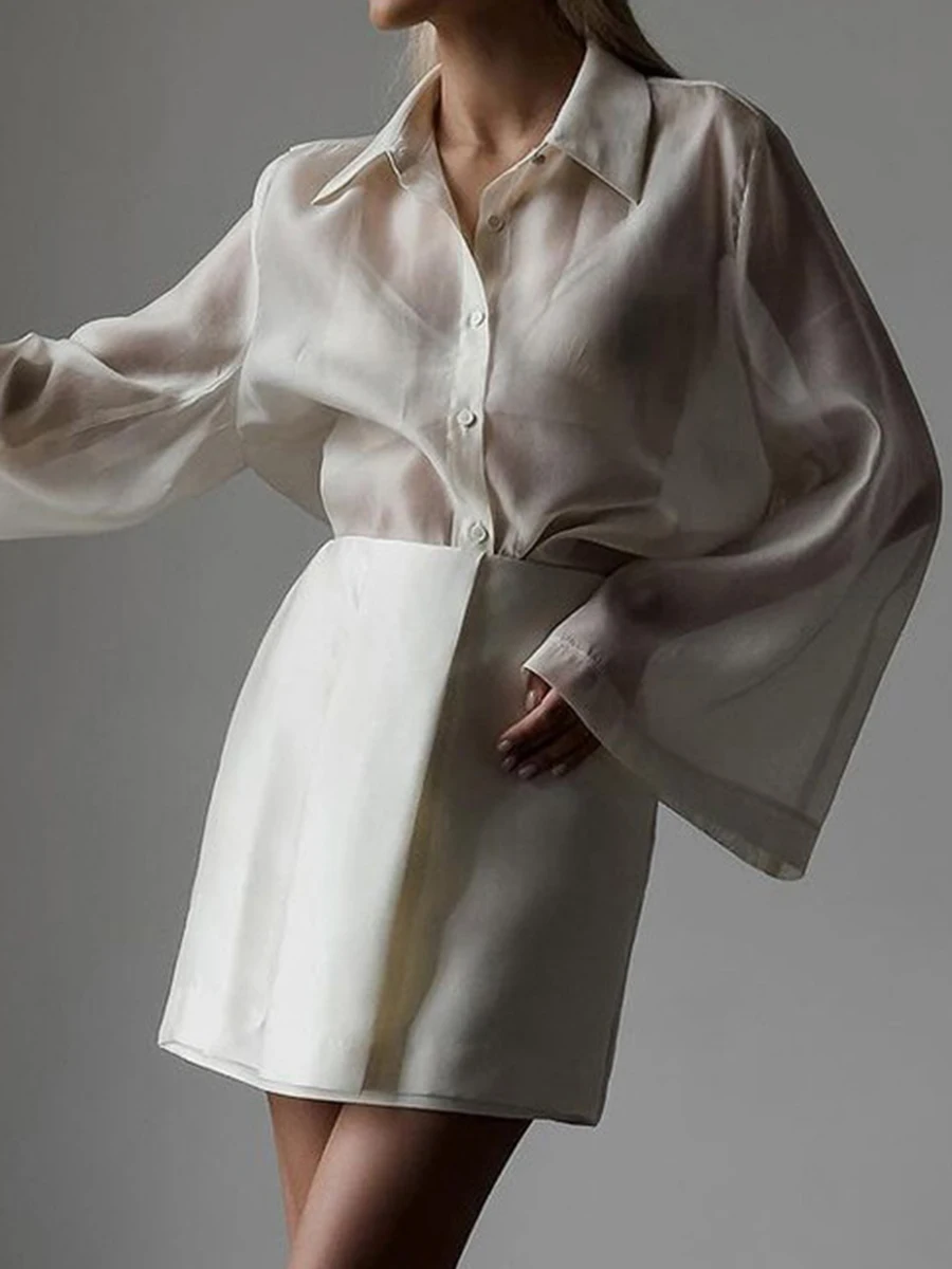 

Solid Transparent Long Sleeve Blouses Women Turndown Collar Single Breasted Shirt Tops Summer New Simple Casual Fashion Blouse