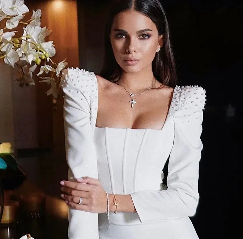 Fashion Tea Length White Long Sleeves Evening Dresses Jersey Square Neckline Wedding Guest Party Gowns Prom Dress with CL-694