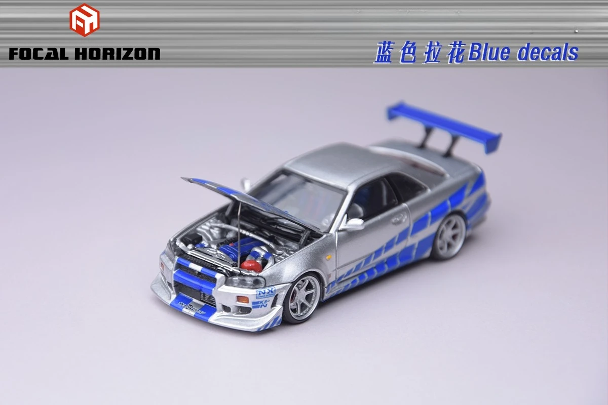 Focal Horizon FH 1:64 R34 Fast Furious C-West FNF Modèle de voiture argent-bleu