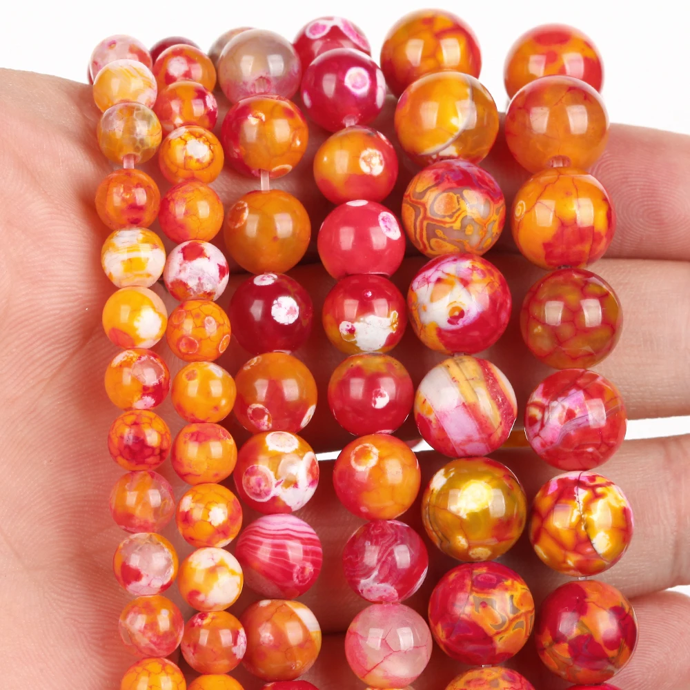 Natural Stone Beads 6-10mm Orange Red Fire Agate Round Loose Spacer Beads for Jewelry Making DIY Bracelets Earring Accessories