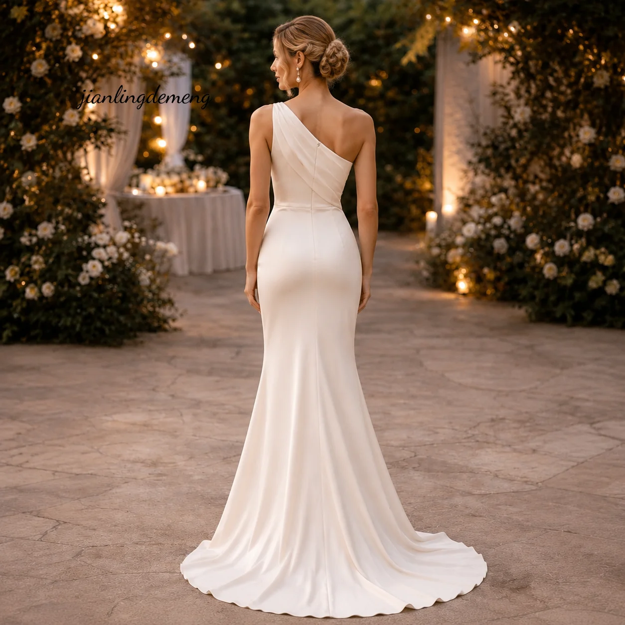 Modern Minimalist Ivory Satin Wedding Dress One Shoulder Draped Fitted Waist Civil Elopement Bridal Gown Customized