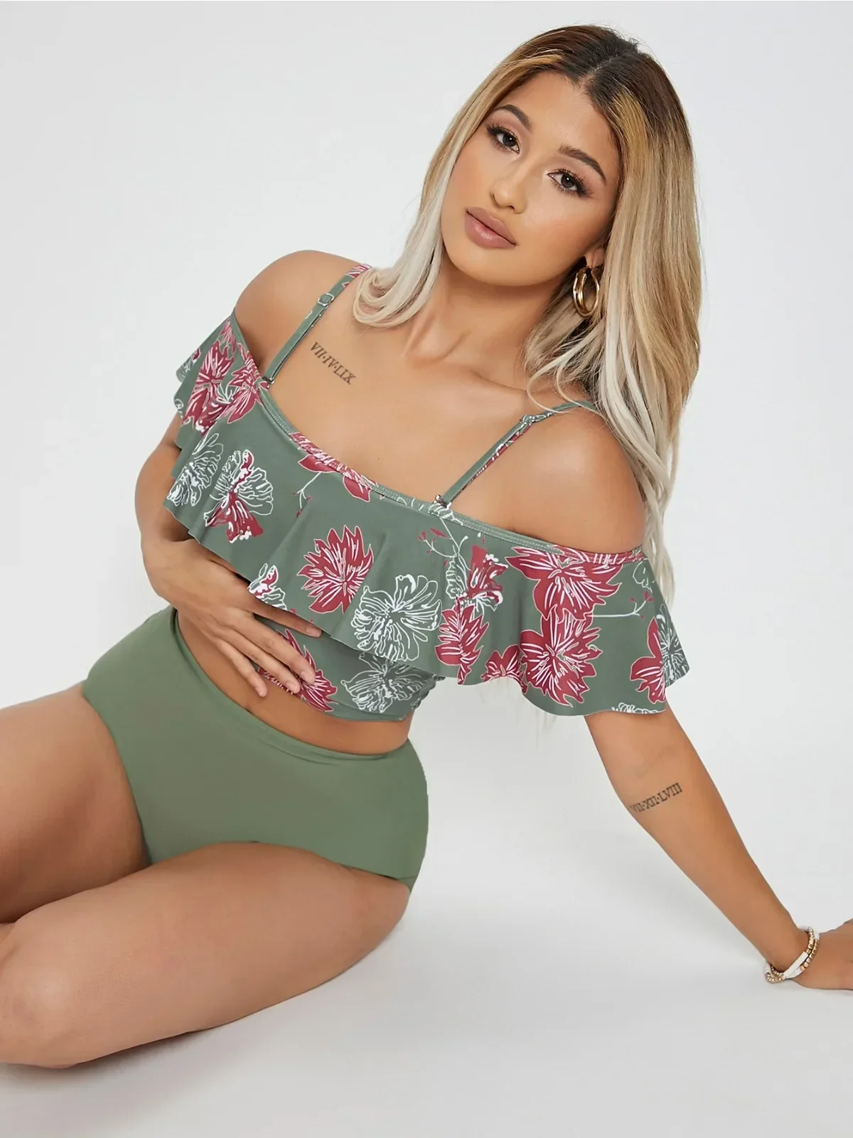 Maillot de bain deux pièces imprimé floral à gros volants pour femmes, taille haute, Tankini, ensemble Bikini, bretelles, dos nu, maillot de plage