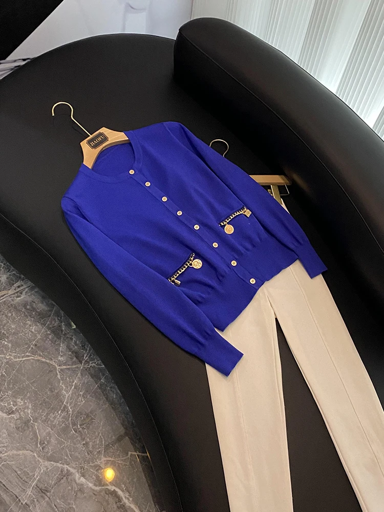 High Quality Blends New Arrival Women O-neckline Solid Tops Single-breasted Chain Decoration Lady Casual Kint Cardigan