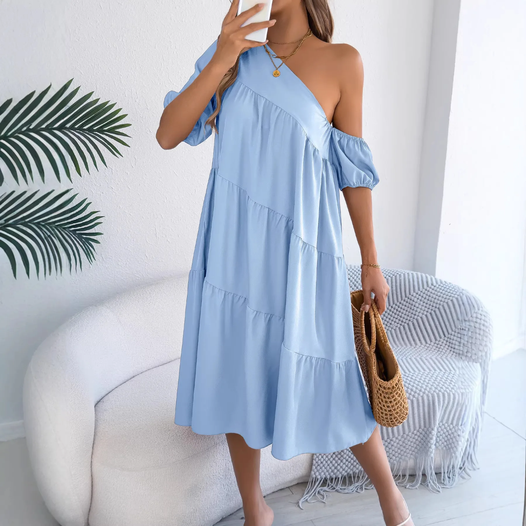 Neues Damen-Sommerkleid 2026 mit schrägem Kragen, kurzen Ärmeln, lockerem Rüschensaum, einfarbig, vielseitig kombinierbar, für Freizeit und Büro
