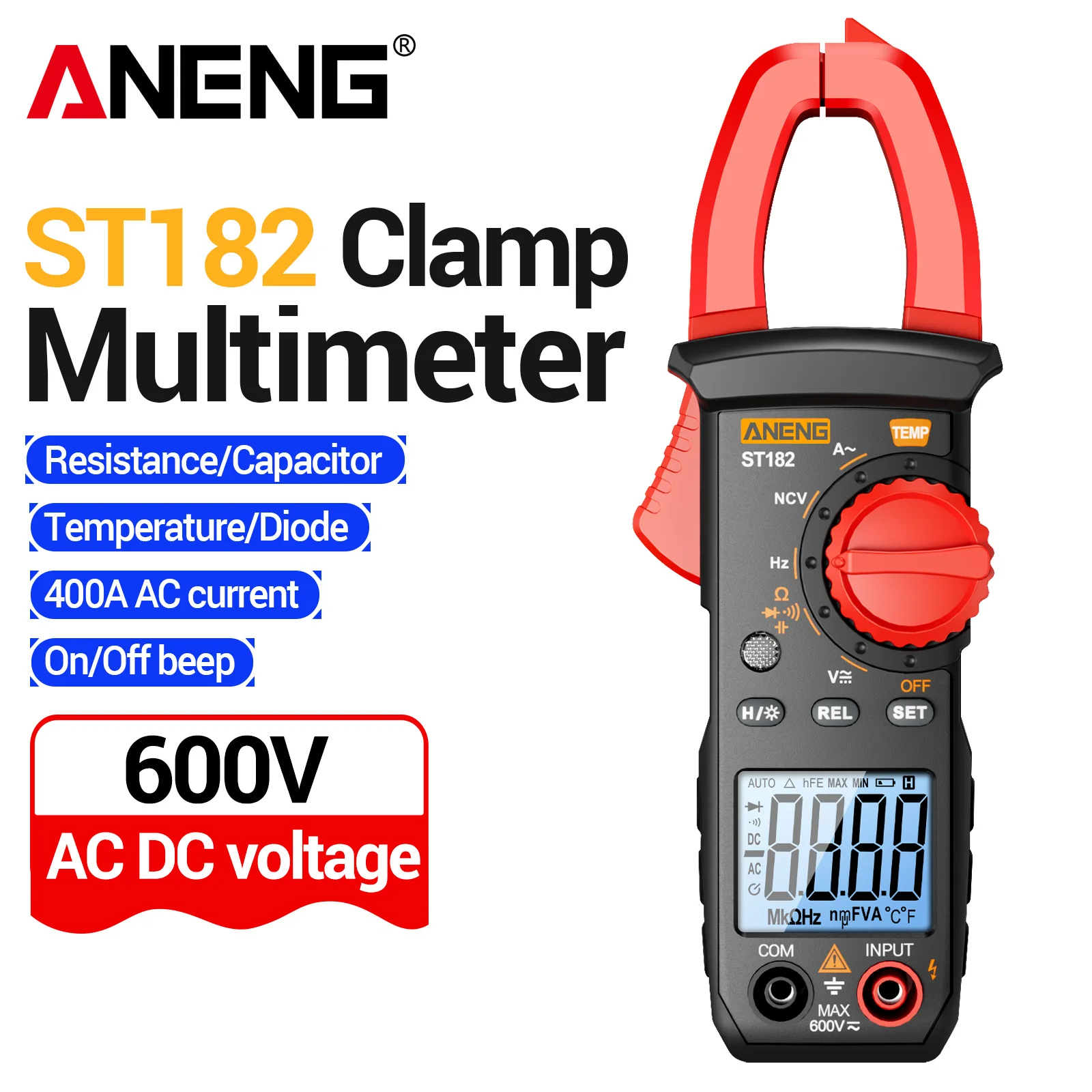 ANENG ST182 Clamp Meter Multimeter 4000 Counts Temp Frequency NCV Induction Buzzer Backlight Data Retention Electrical Test Tool