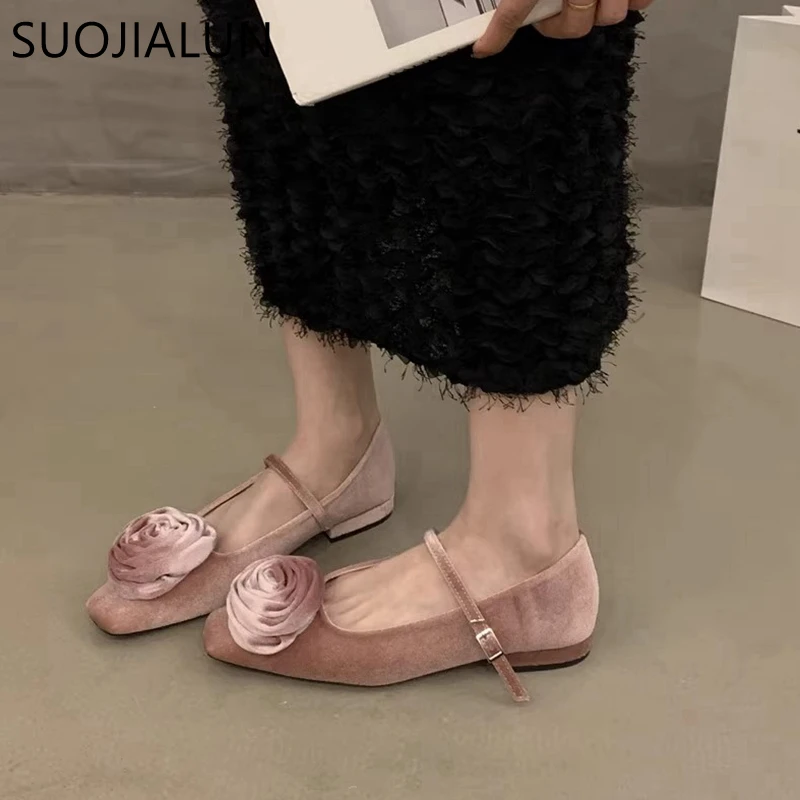 SUOJIALUN Spring Brand Women Flat Shoes Fashion Big Flower Ladies Elegnat Ballerinas Shoes Soft Flat Heel Dress Mary Jane Shoes