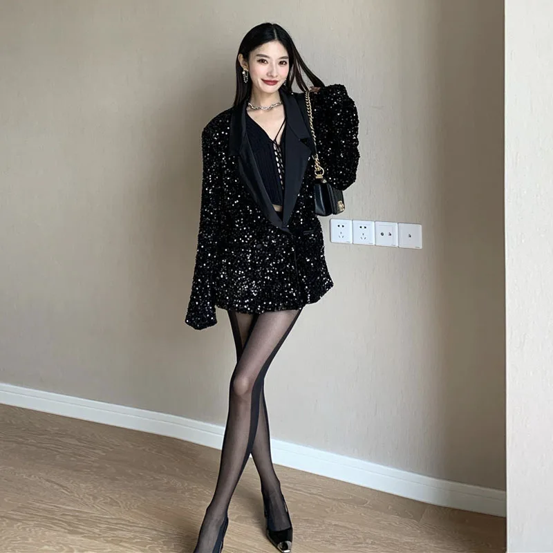 High quality Women Sequins blazer Suit Newest Sexy Long sleeve Female jacket set Club Notched coat Spring Autumn INKEO 1O075