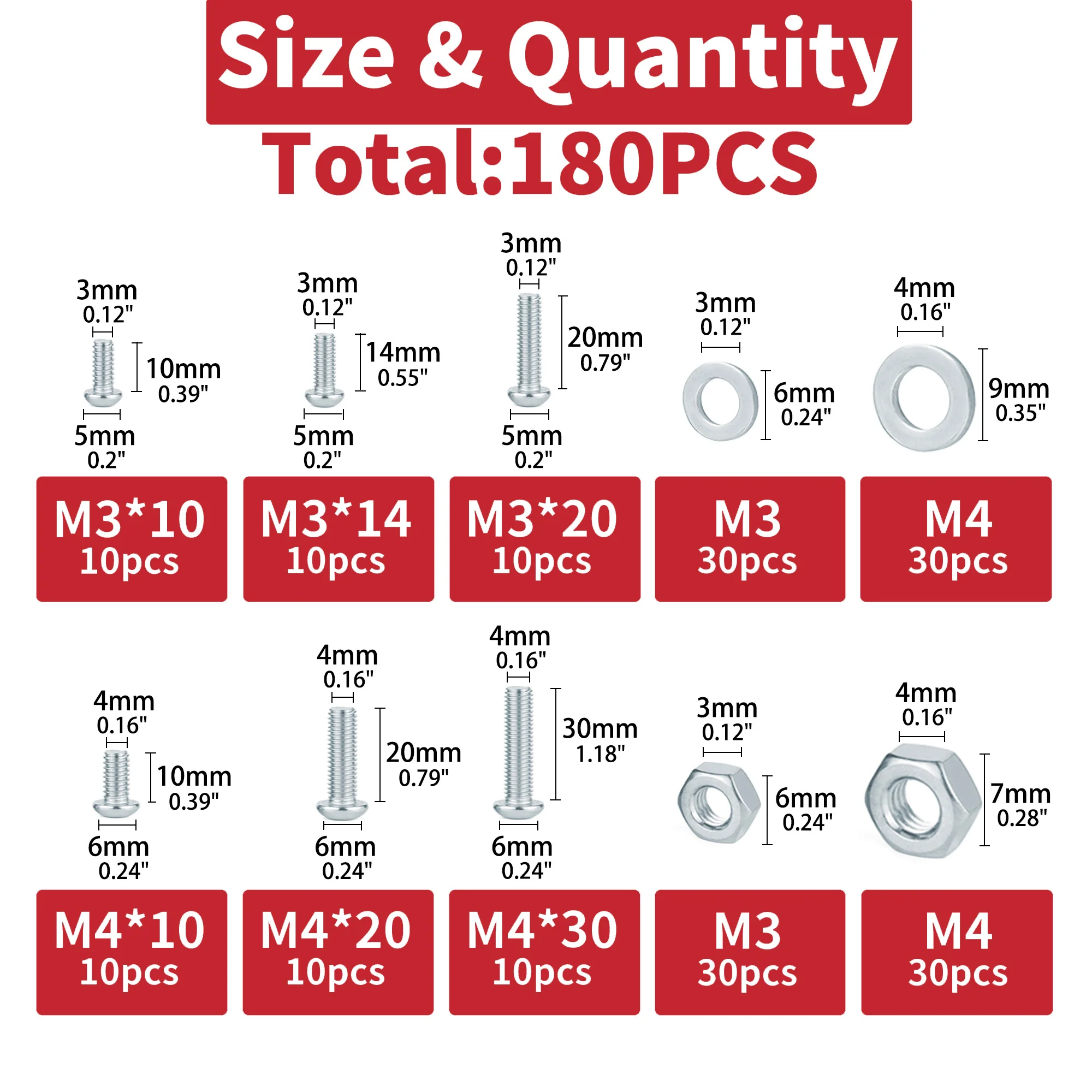 180pcs 6 Size M3 M4 Screws Bolts and Nuts Assortment Kit M3 M4 Metric Machine Screws & Flat Washers, Phillips Pan Head Sets