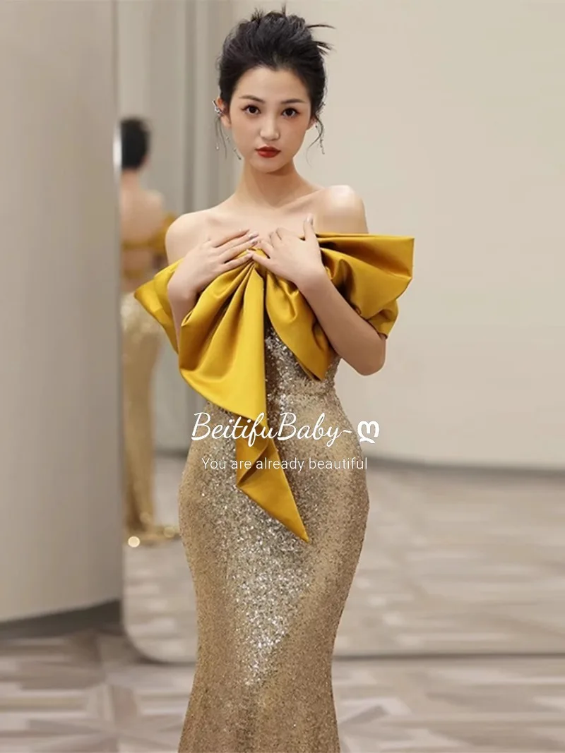 BeitifuBaby Palace Style Golden Evening Dress for Women Strapless Bow Neck Off The Shoulder Mermaid Gown Banquet Formal Dresses