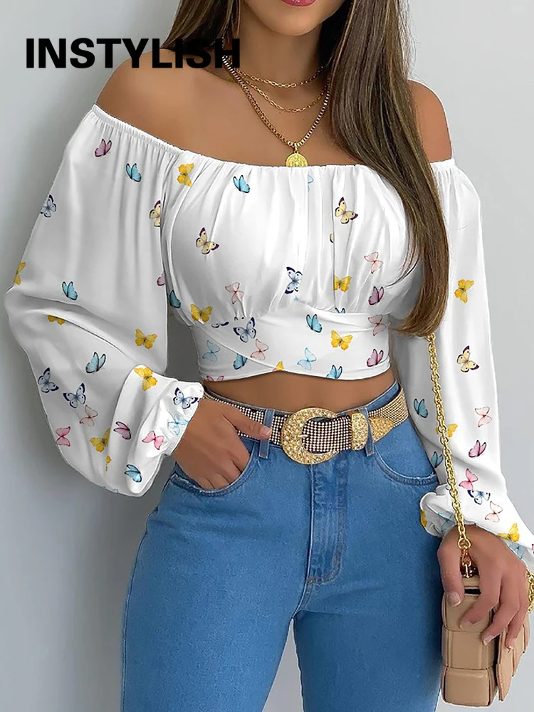 Women Elegant Boho Print Blouse Casual Long Lantern Sleeve Off Shoulder Slim Shirt Female Chic Cropped Top Summer Tunics