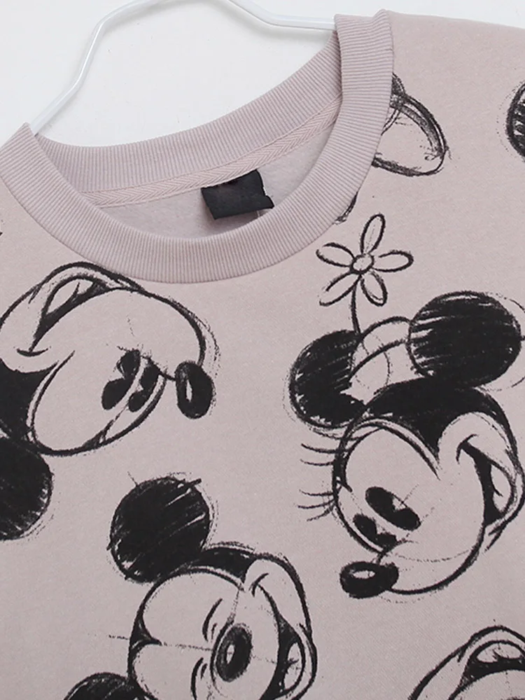 Disney-Jumper feminino Harajuku manga comprida com capuz, Minnie, Mickey Mouse, desenhos animados, moletom de esboço, tops, calças, calças, 1 conjunto