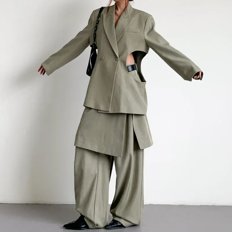HKSH ربيع الخريف جديد المرأة السترة الجوف خارج الخصر مزدوجة الصدر سترة مثيرة وهمية قطعتين بلون سراويل تقليدية HK13507
