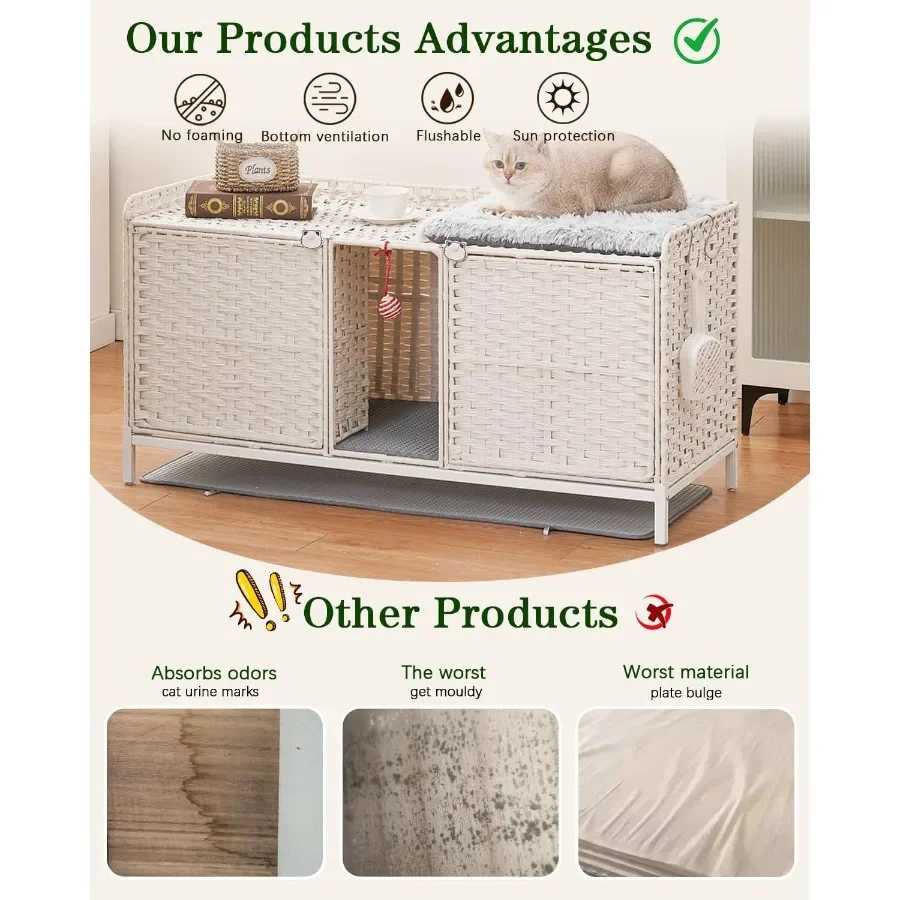 علبة نفايات كبيرة للقطط من الروطان لقطتين بتصميم مخفي وغرفة مزدوجة وباب 47.3 لتر × 19.7 عرض × 24 ساعة تتضمن حصيرة و