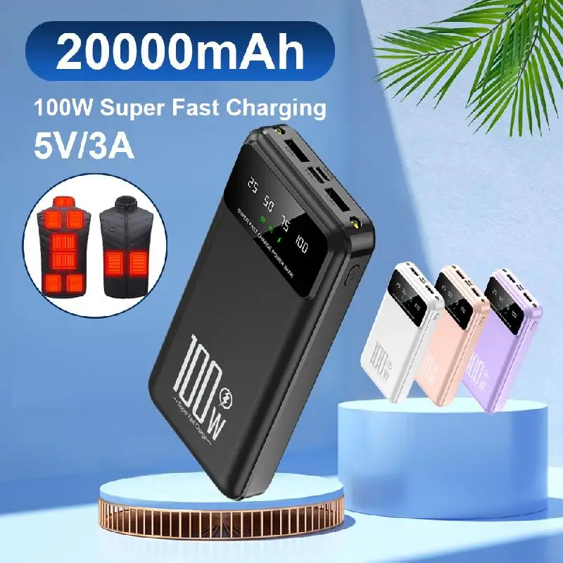 New 10000mAh/20000mAh Power Bank Portable Charger 100W Fast Charging External Battery Pack For Heating Vest Jacket Socks Phones