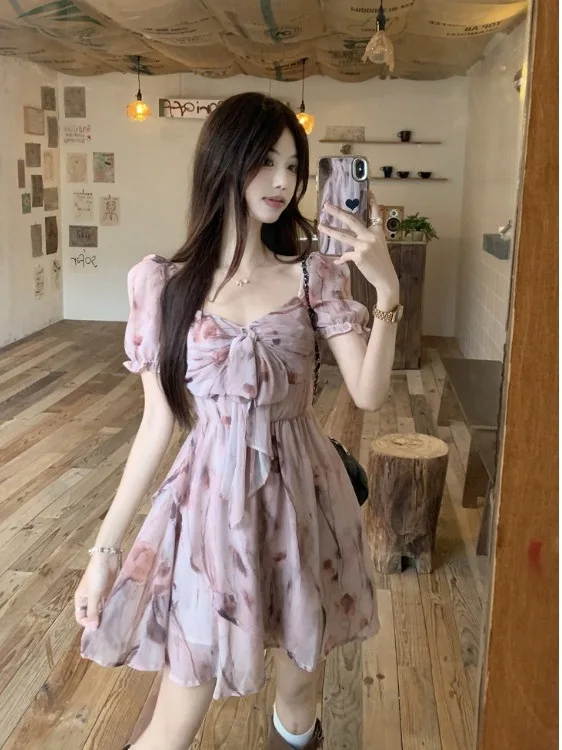 

plus Size Floral Print Square Netie Strapl Dr Women's Summer New Waist Cinched A-Line ort Skirt Korean Sle