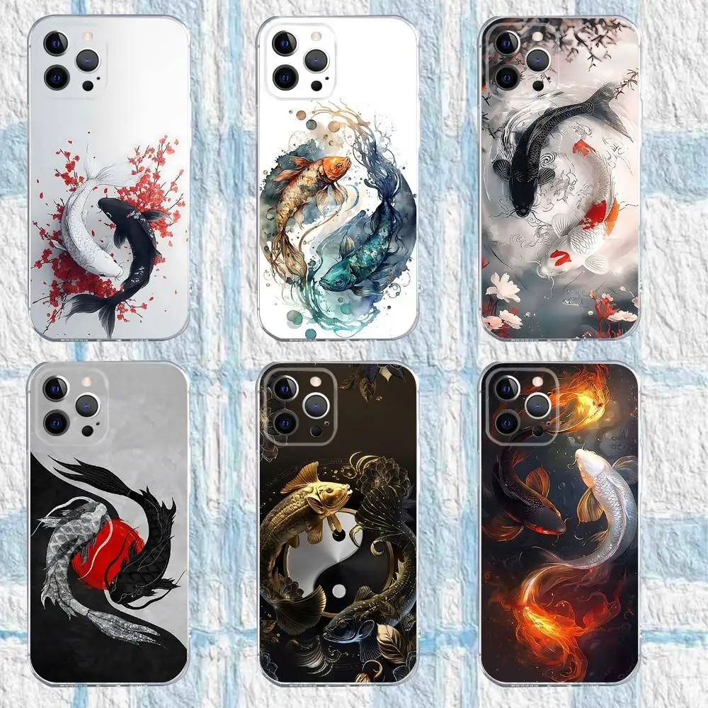 

Koi Carp Fish Yin Yang Phone Case For iPhone 16,15,14,13,12,11 Pro,Max,Plus,X,XS,XR,SE,Mini Transparent Silicone Soft
