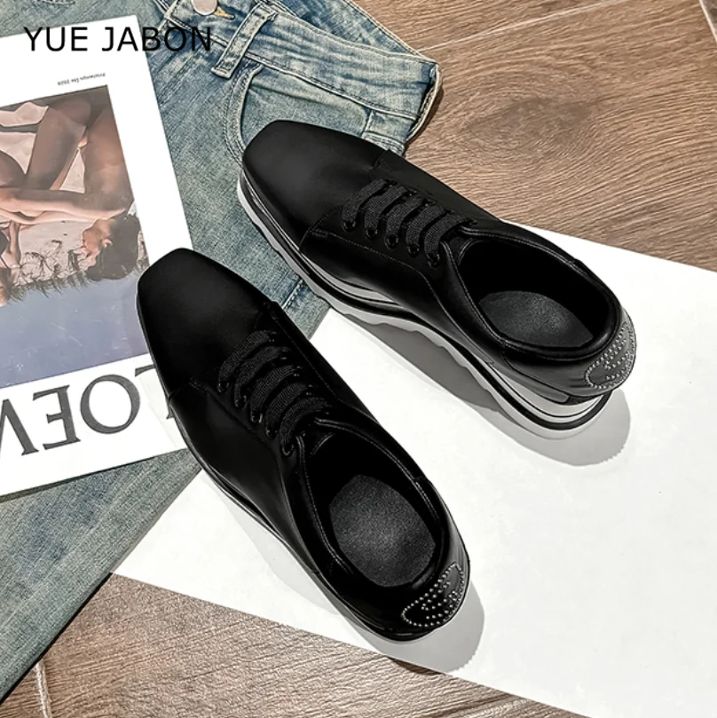 Black Thick Sole woman Sneakers 2024 Spring Platform Casual Shoes Women Lace-up Cow Leather Shoes Outdoor comfort designer shoes