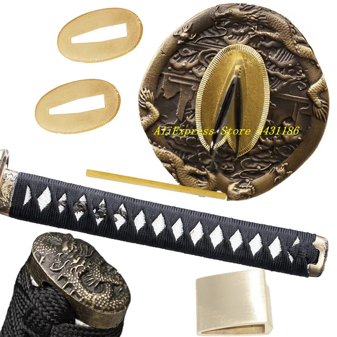 26cm Tsuka Black Ito Katana Handle Japanese Sword Dragon Guard Fittings Set Alloy Tsuba+Menuki+Fuchi+Kashira+Habaki+Seppa