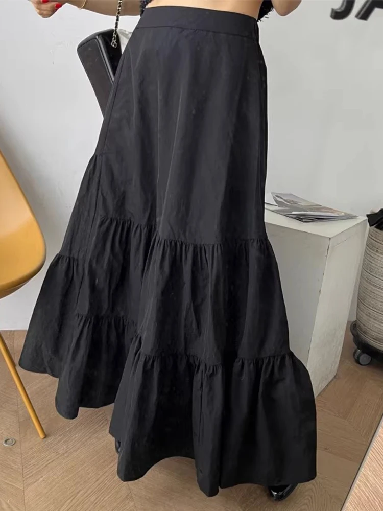 Ele ฤดูร้อน A-Line Midi กระโปรงผู้หญิงสูงเอวกระโปรงยาว Slimming Splice Lace Trim Elastic เอวอเนกประสงค์เดินทาง Sle